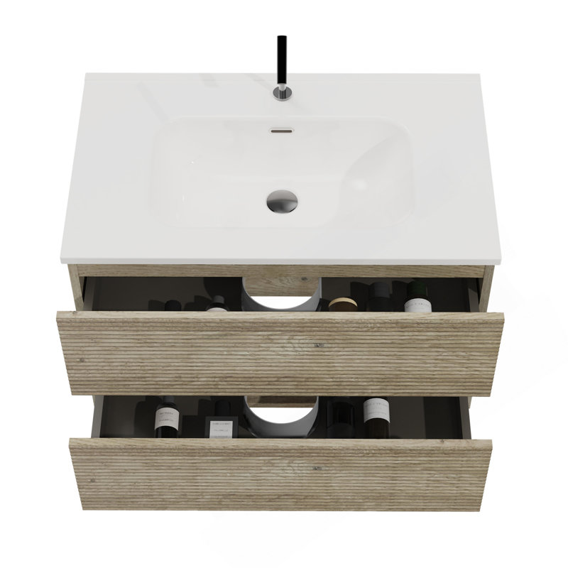 36" Wall Mounted &Rough Oak Bathroom Vanity With Integrated Ceramic Sink With Overflow, Large Storage Floating Bathroom Vanity For Modern Bathroom, Pre-Assembled