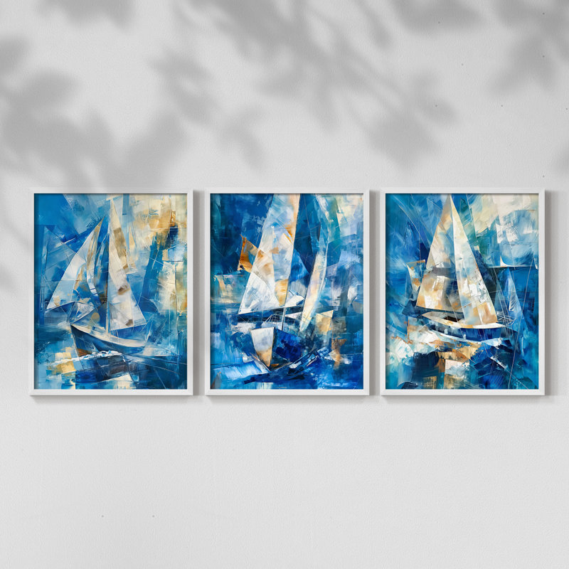 Série Sea and Shore - Ensemble de 3 estampes numériques encadrées - Prêt à être accroché, Blanc, H 28 po x l 66 po