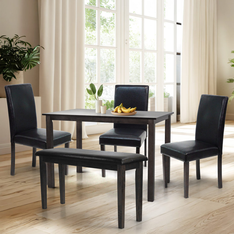 Ensemble de table de salle à manger 5 pièces, 3 chaises chauffantes et 1 banc, en bois massif de style classique, Espresso