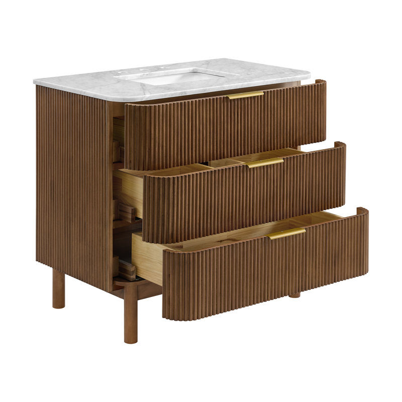 Nova 36" Marble Top Single Sink Vanity, Brown Reeded Birch
