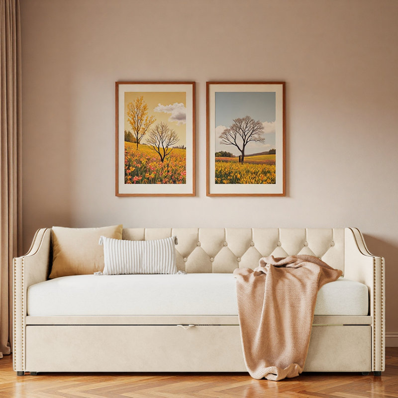 Lit de jour rembourré avec lit gigogne, Beige