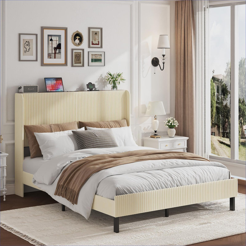 Platform Bed for Bedroom, Soft Beige Metal and Wood Construction, Queen Size with Built-in Charging Station