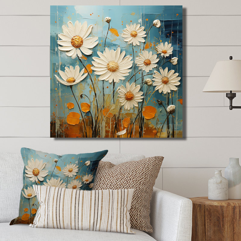 Marguerite blanche et bleu sarcelle Serenade I - impression, H 16 po x l 16 po, Toile tendue