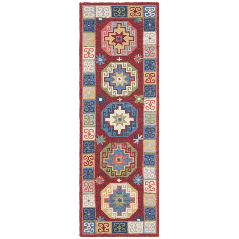 Vahakn Hand Tufted Wool/Cotton Southwestern Rug in Blue/Red, Runner 2'3" x 8'