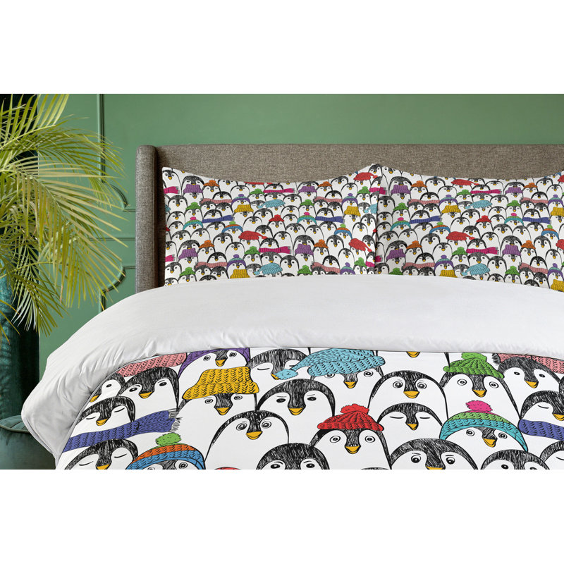Penguin Pattern Multicolor Cotton Queen Duvet Cover Set