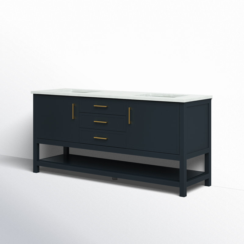 Meuble-lavabo double 72 po Vicini, Bleu indigo / or brossé