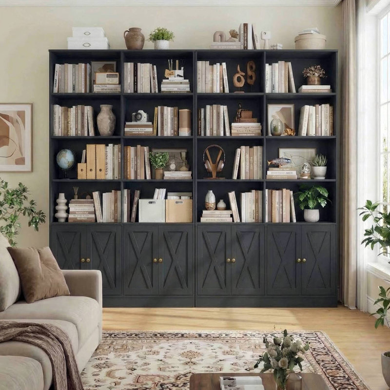 Idlewild 71.1"H X 47.2"W Double Standard Bookcase With Storage Cbinets, Home Library Bookcase, Black, Black