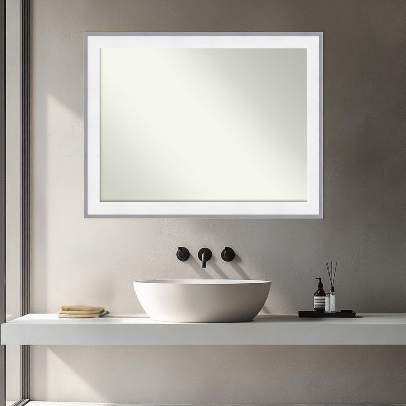 Maya White Silver Non-Beveled Framed Bathroom Wall Mirror, 27.25" x 21.25", White Silver