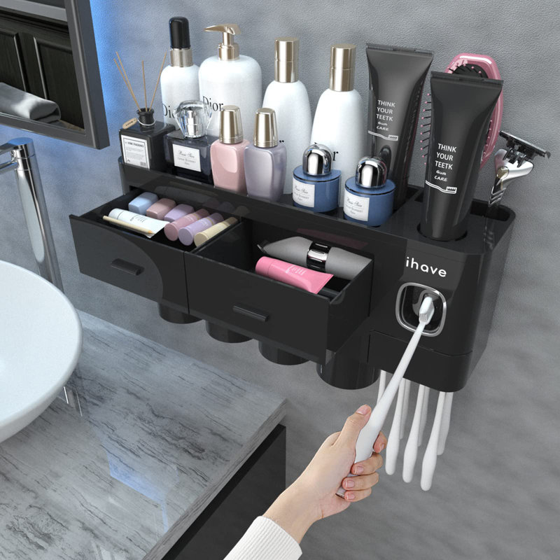 Porte-brosses à dents pour salle de bain, porte-brosses à dents 4 tasses fixé au mur avec distributeur de dentifrice, Noir