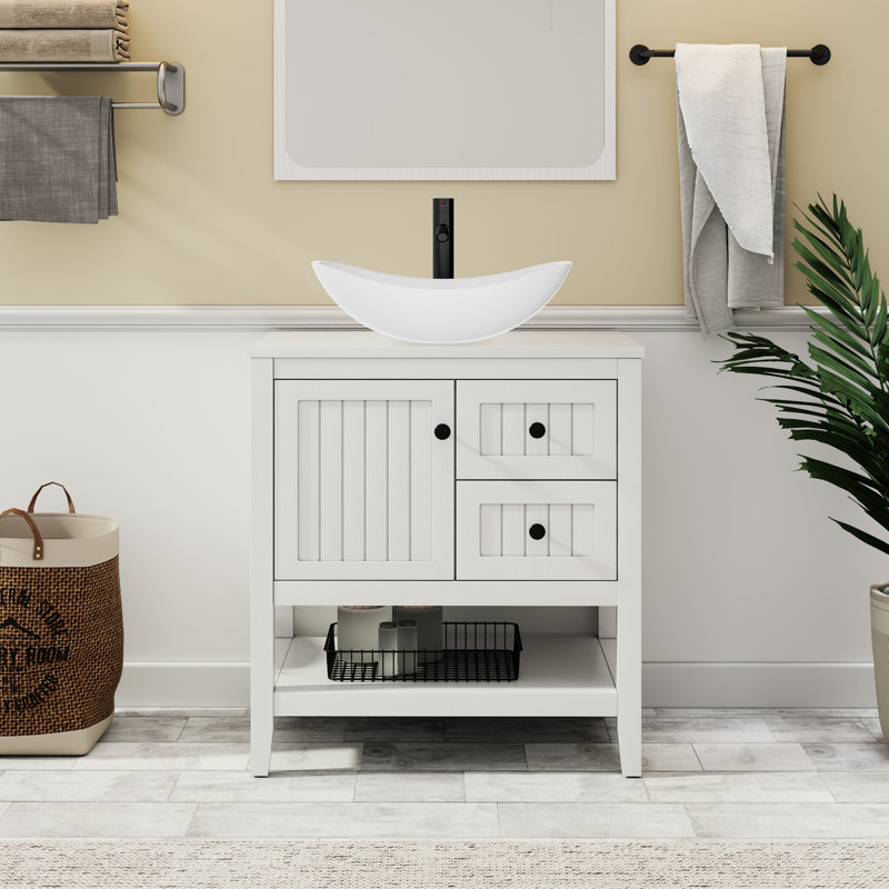 Sharee 30" Single Bathroom Vanity Set With Vessel Sink, Faucet And Drain, Assembly Required, White