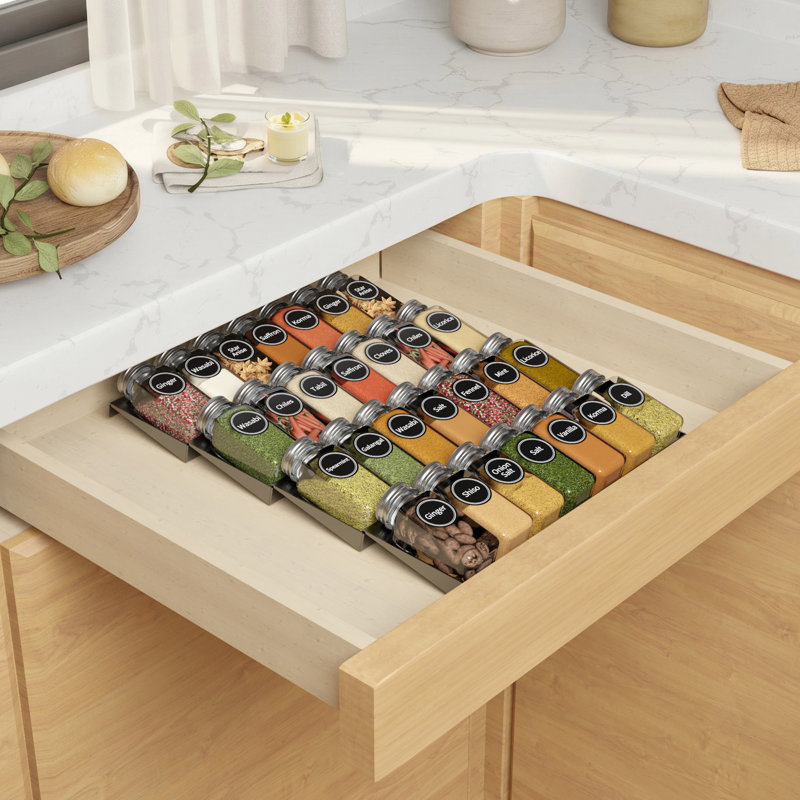4-Tier Spice Drawer Organizer with Spice Jars and 386 Spice Labels, Seasoning Rack Tray Insert for Kitchen Drawer Storage