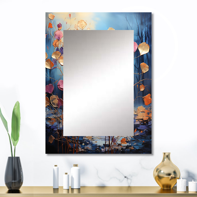Gold And Blue Leaves Charm In Winter - Leaves Decorative Wall Mirror, Traditional Mirror, Printed Metal Art, 32" x 24"