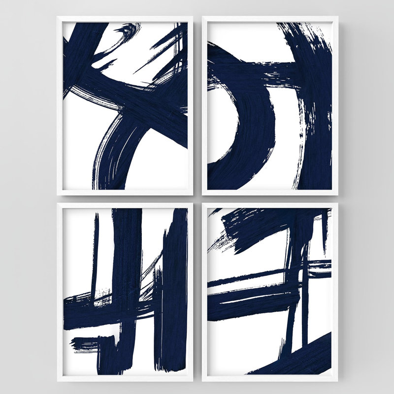 "Décoration murale moderne minimaliste à motif abstrait coups de pinceau", 4 pièces, Blanc, H 32 po x l 24 po