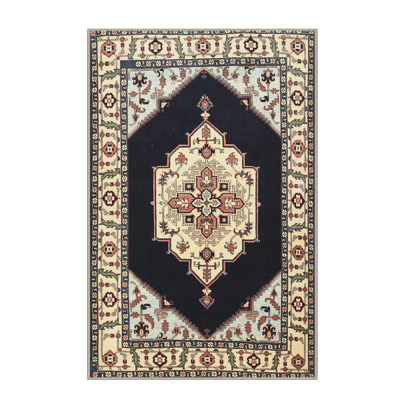 Tapis traditionnel noir / beige, Rectangle de 6 pi x 9 pi