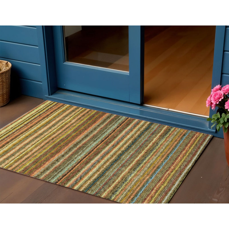 3' X 5' Coral Gold And Green Striped Washable Indoor Outdoor Area Rug