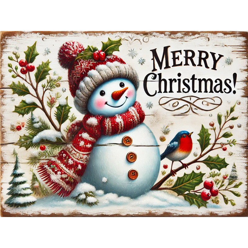 «Joyful Snowman and Bird Winter Celebration», reproduction d'art sur toile, H 16 po x l 24 po x P 1,5 po