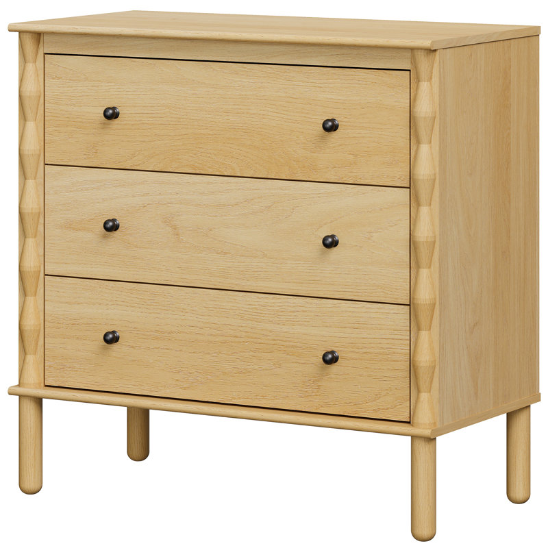 Commode Greeta à 3 tiroirs avec pattes en bois massif et décor en relief fait à la main, chêne, Chêne