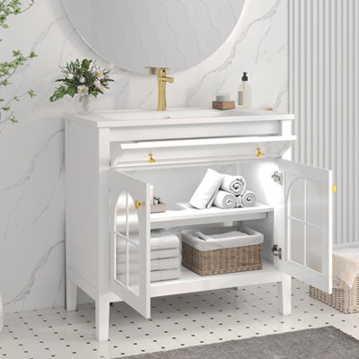 Meuble-lavabo simple de 35,6 po avec lavabo et plateau en céramique, meuble-lavabo de style Mid-Century avec verre à motif et bande lumineuse à capteur de mouvement, armoire de rangement pour salle de bain de ferme avec tablette, blanc
