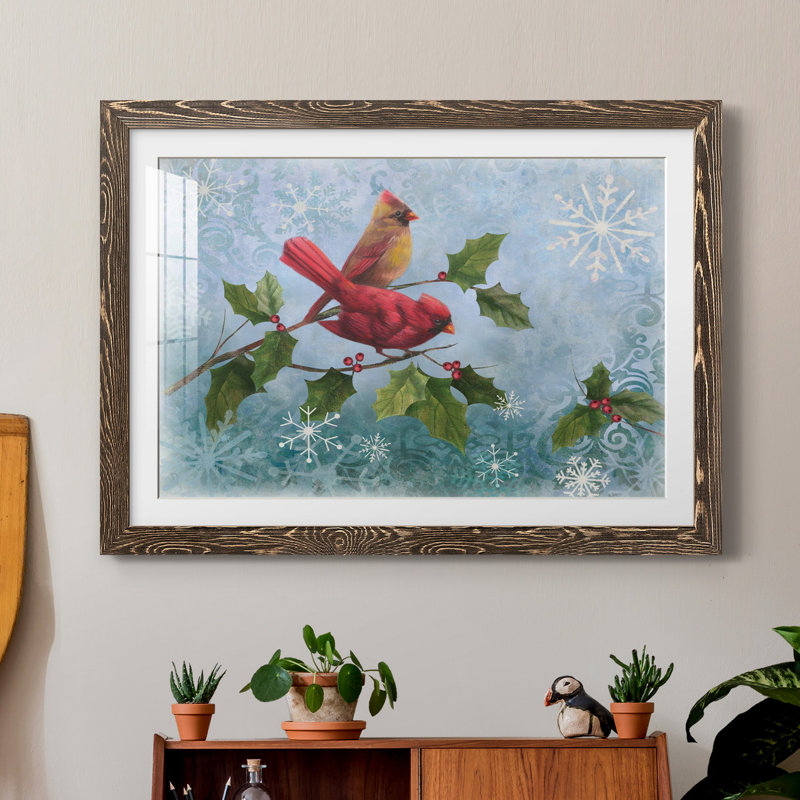 Winter Cardinal Duet I - Reproduction de cadre photo sur papier, Papier, cadre noyer, H 37,5 po x l 27,5 po x P 1,5 po