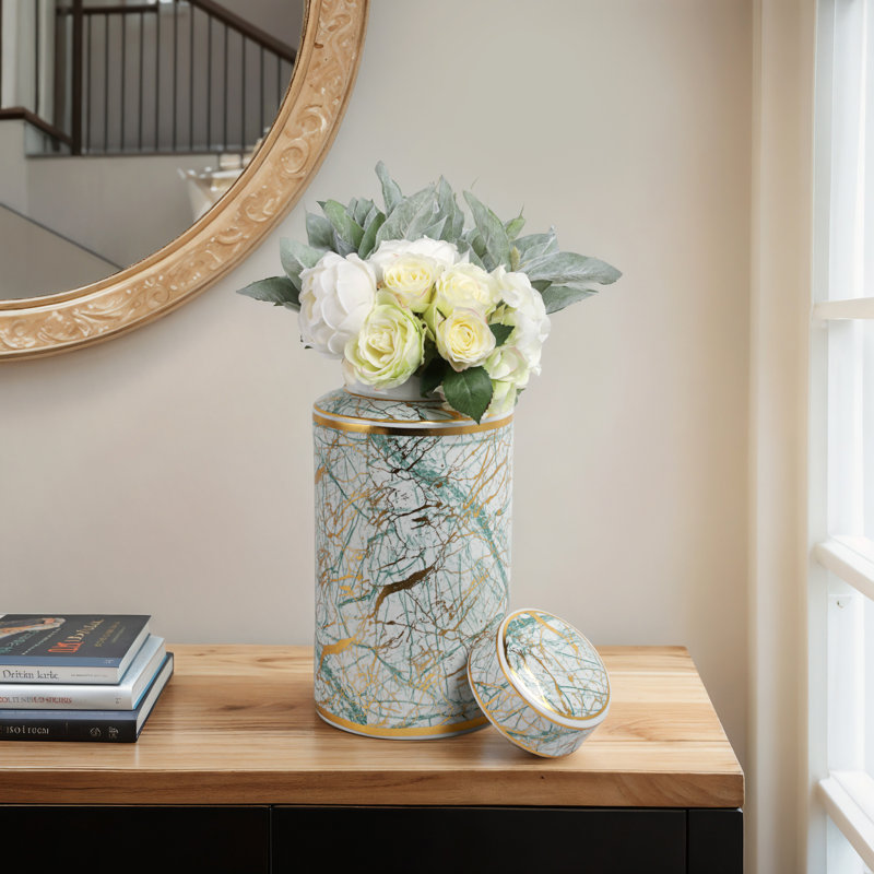 Modern Ceramic Marble Pattern Table Jar with Lid for Home Decor - Decorative Cylindrical Tall Jar for Storage Accent or Shelf Styling - Green