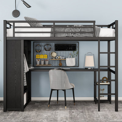 Twin XL Metal Loft Bed with Built-In Wardrobe, Desk and Storage Shelves