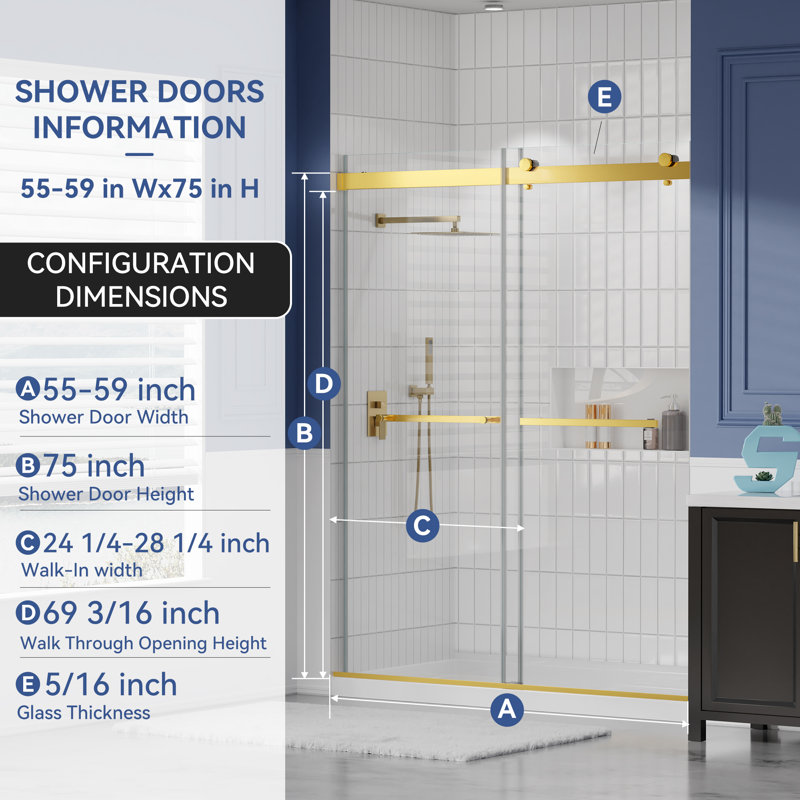 55-59＂W X 75＂H Double Sliding Shower Door With 5/16＂tempered Glass, Frameless Shower Door, Bathroom, Gold