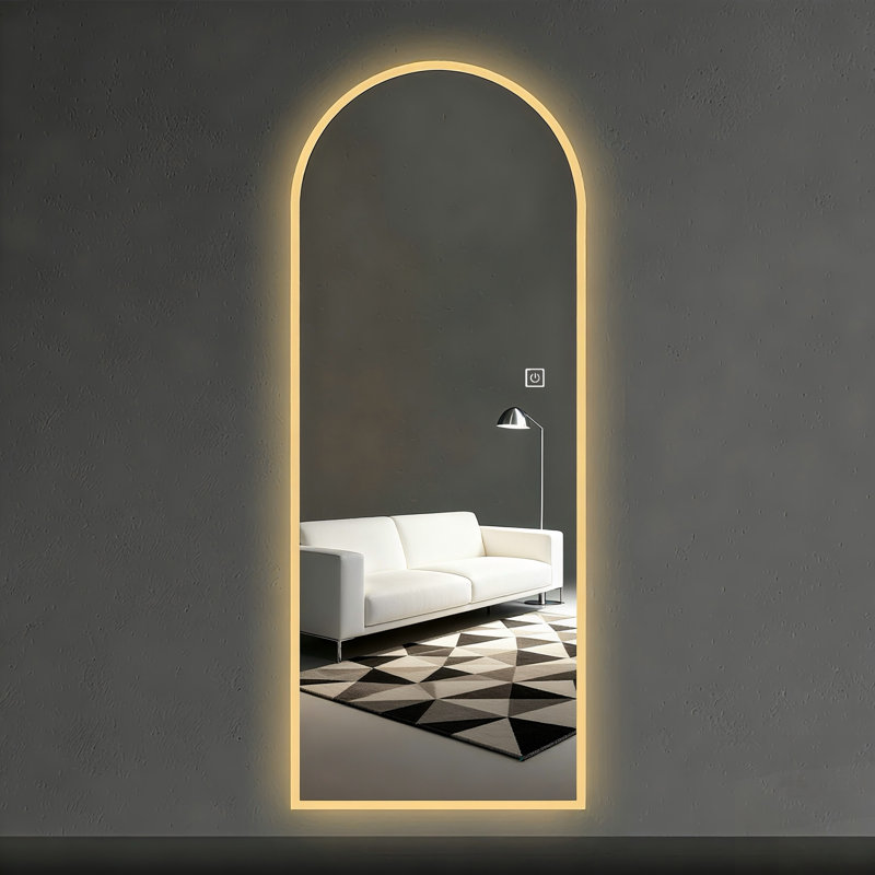 LED Full Length Wall Mirror With Symmetrical Arch Design, Frosted Glass Border, And Dimmable 3 Color Temperature Lighting