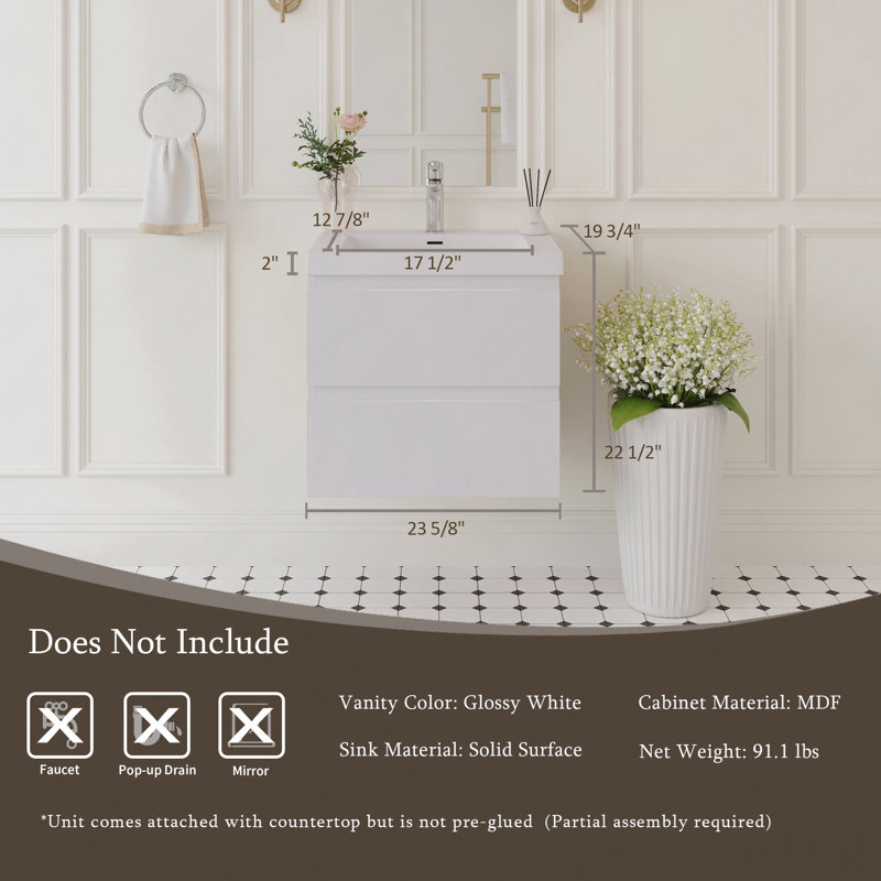 Meuble-lavabo mural 24 po avec lavabo, meuble de rangement mural moderne, lavabo à surface solide, tiroirs à fermeture en douceur