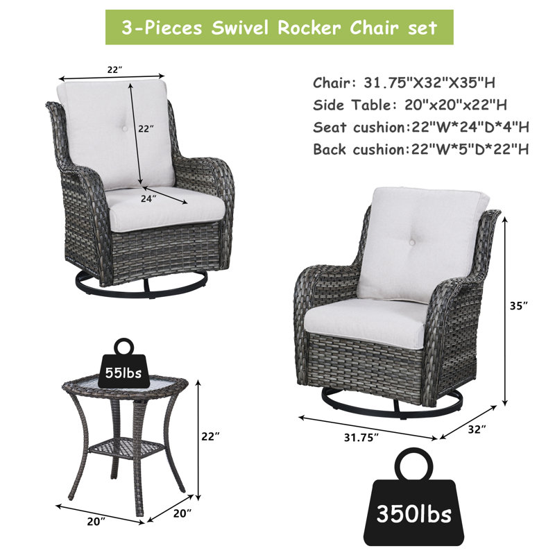 Chaises berçantes pivotantes en osier d'extérieur avec 1 table d'appoint (ensemble de 3)