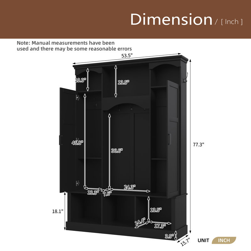 Modern All-In-One Hall Tree With Adjustable Shelves, Classic Arched Farmhouse Storage Bench With Dual Side Cabinets, Elegant Entryway Organizer With 7 Hooks For Mudroom, Hallway