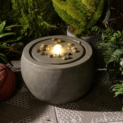 17" Round Outdoor Floor Water Fountain with LED Light, Freestanding, Easy Assembly