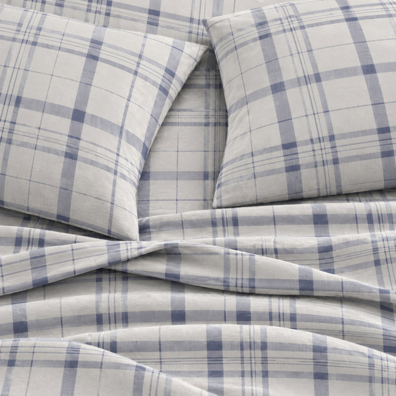 100% Turkish Cotton Plaid Flannel Sheet Sets, Full Sheet Set with 2 Pillowcases, Cool Plaid Striped