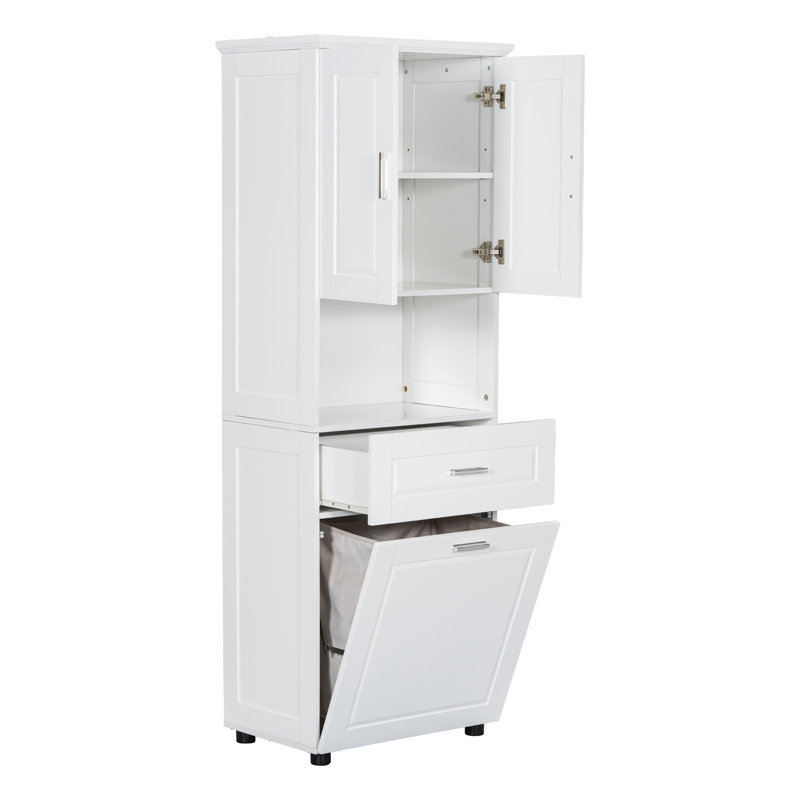 Grande armoire de salle de bain avec panier à linge, grand panier à linge inclinable et armoire de rangement supérieure, blanc
