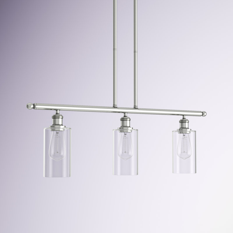Lustre cylindrique à 3 lumières pour îlot de cuisine Glessite, Transparent, Nickel satiné brossé, DEL