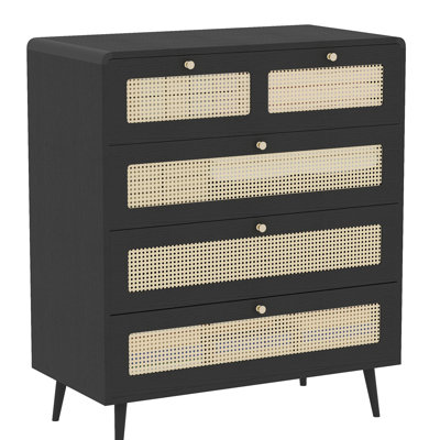Commode 4 tiroirs, commode moderne en rotin avec tiroirs larges et poignées en métal, commode de rangement en bois de style campagnard pour chambre à coucher, salon, couloir, entrée