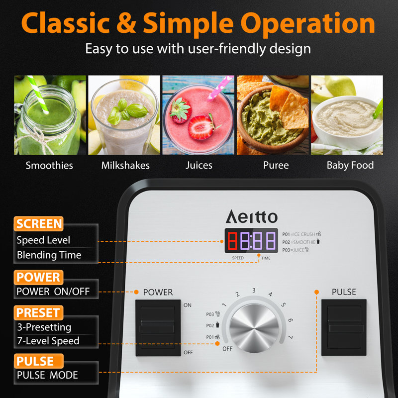 Mélangeur Aeitto, mélangeur de cuisine électrique de 1500 watts, grande capacité de 68 onces, mélangeur de comptoir professionnel, glace pilée, boissons glacées, carbone 