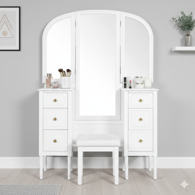 Antique-Style Makeup Vanity Desk With A Triple Mirror. This 6-Drawer Dressing Table Set Includes A Stool And A Full-Length Mirror, Designed For Bedroom Dressing Rooms, In White.