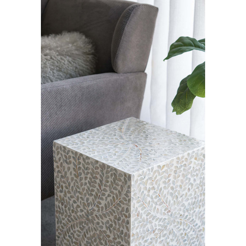 14x14x18" Square Accent Stool with White Capiz Shell Finish and Gold Pedestal Base