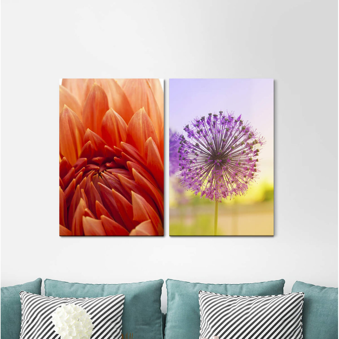 2-tlg. Leinwandbilder-Set - Grafikdruck „Dahlia Red Blossom Colourful Blowball Summer Sun Sunshine”