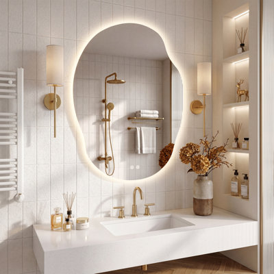 UL/ETL Certified Asymmetrical Irregular LED Bathroom Vanity Mirror With Backlit, Anti-Fog, 3 Color Lighting, Stepless Dimming, Tempered Glass, 3-Year Warranty
