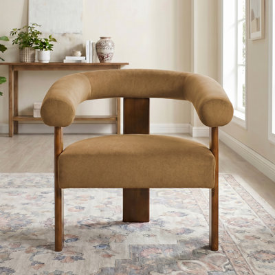 Modern U-Shaped Mohair Accent Chair with Walnut Wood Legs