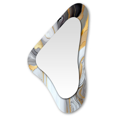 Garett White And Gold Marble Abstract II - Marble Asymmetrical Unique Wall Mirror Decor, White Freeform Large Mirror, Printed Metal Art