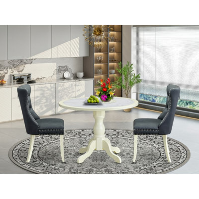 Ensemble de salle à manger 3 pièces Mid-Century comprenant une table ronde et 2 chaises de salle à manger en tissu de polyester gris platine avec dossier capitonné - Lin blanc