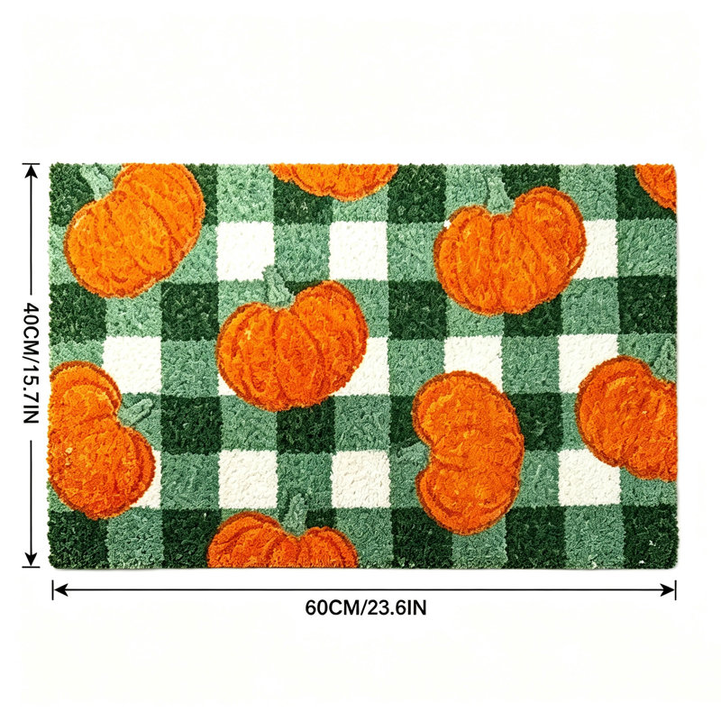 Paillasson d'automne à carreaux verts et citrouilles, tapis de bienvenue, tapis décoratif pour la porte d'entrée