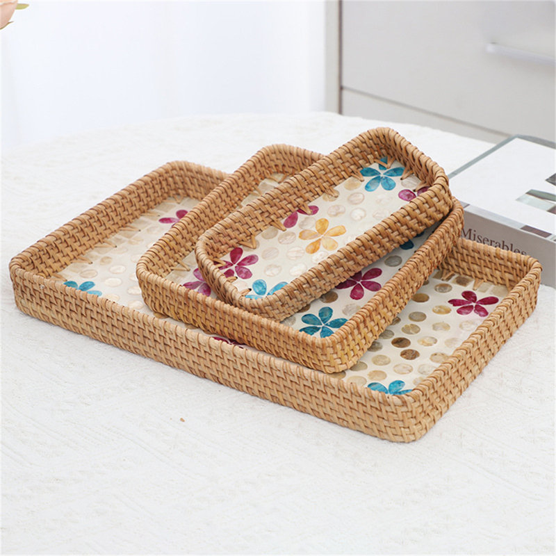 Plateau de rangement en rotin tissé à la main 3 pièces avec décor coloré en forme de coquille