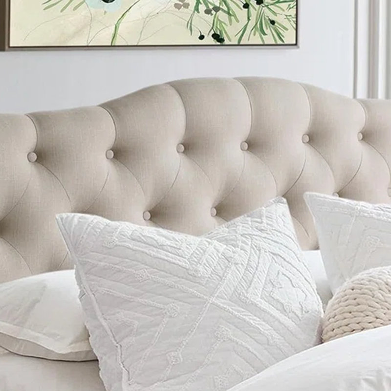 Tête de lit tapissier en lin à hauteur réglable, Beige, Très grand lit
