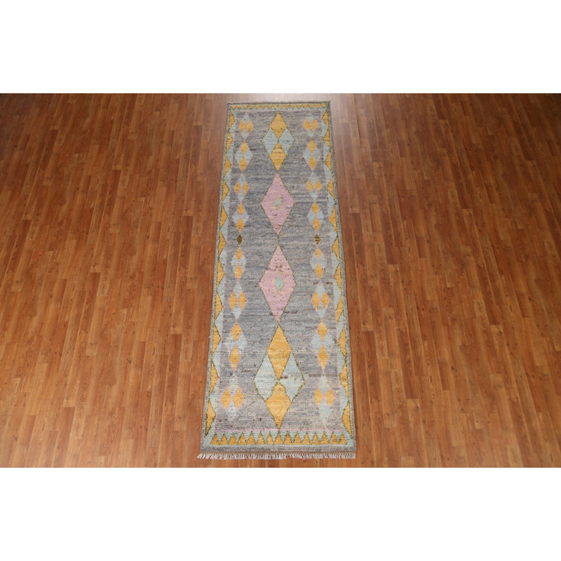 Tapis de couloir gris en laine gris noué à la main 3 x 10