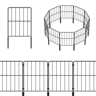 Paquet de 10 panneaux de clôture de jardin en métal noir de 22 po avec piquets de sol en plastique, clôture décorative de 10 pi pour barrière pour animaux de compagnie, parterre de fleurs et potager