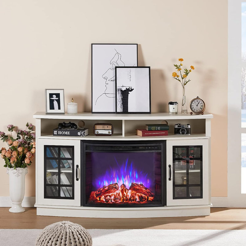 Naelson TV Stand for TVs up to 65" with Fireplace Included, Distressed White