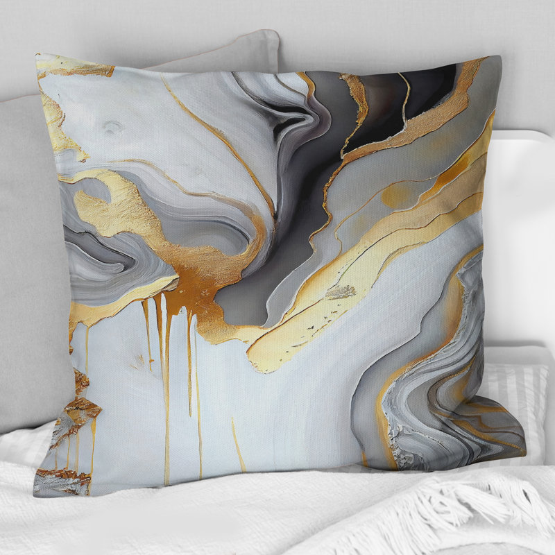Blanc et marbre doré abstrait II - coussin abstrait en marbre imprimé, H 18 po x l 18 po, Carré
